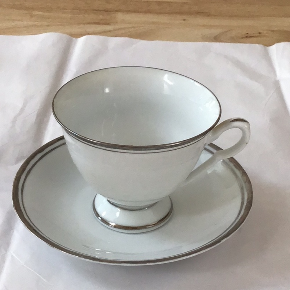 Cup and Saucer Vintage, white w silver trim China